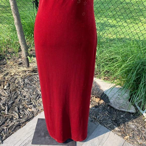 Vintage 90s Red Velvet Maxi Slip Dress Square Neck Glitter Side Slit Long Gown - Picture 5 of 16